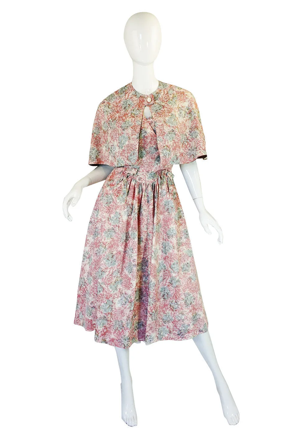 1950s Pink Print Day Dress with Cape