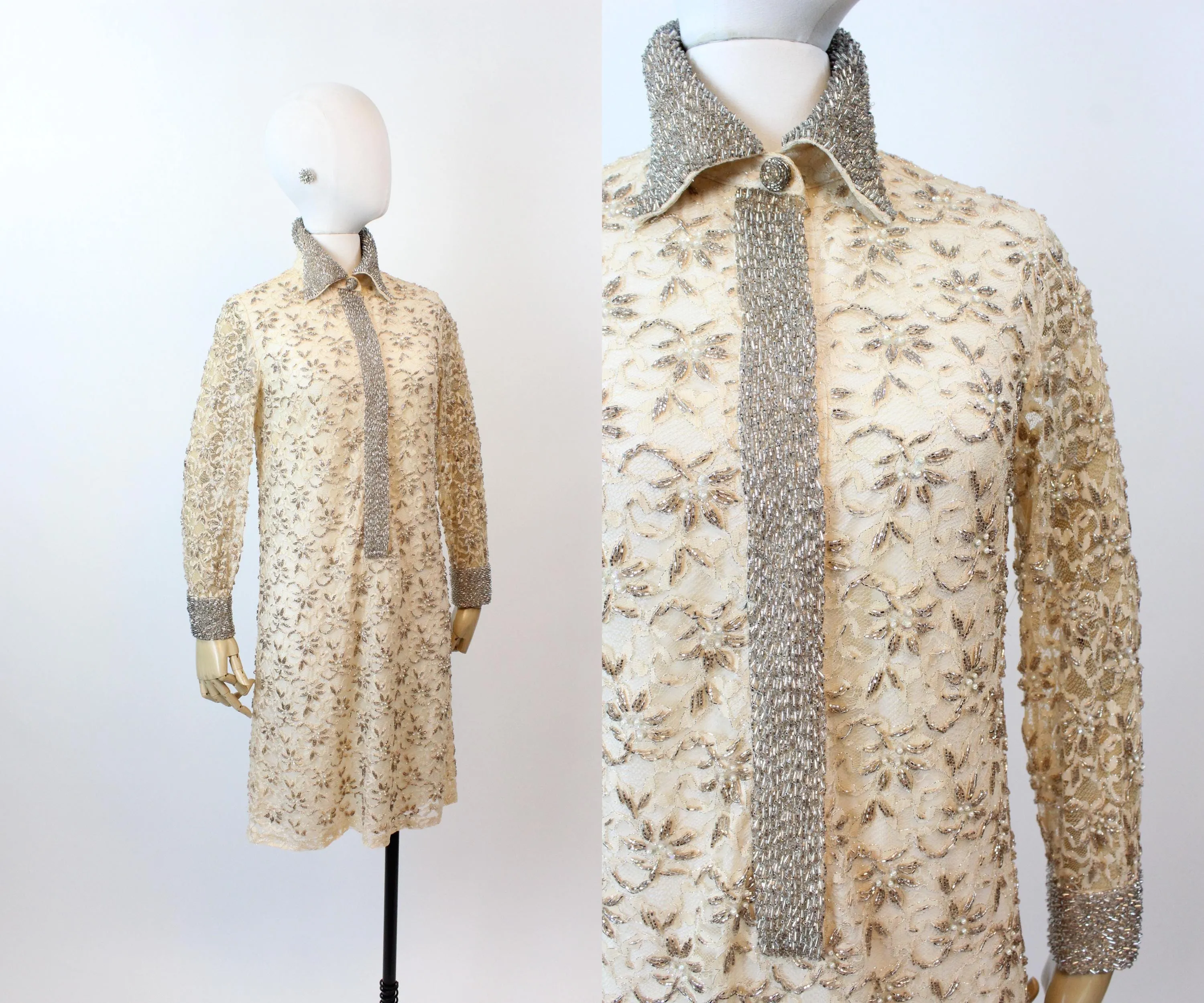 1960s VALENTINA beaded PEARL LACE shift dress xs | new fall winter