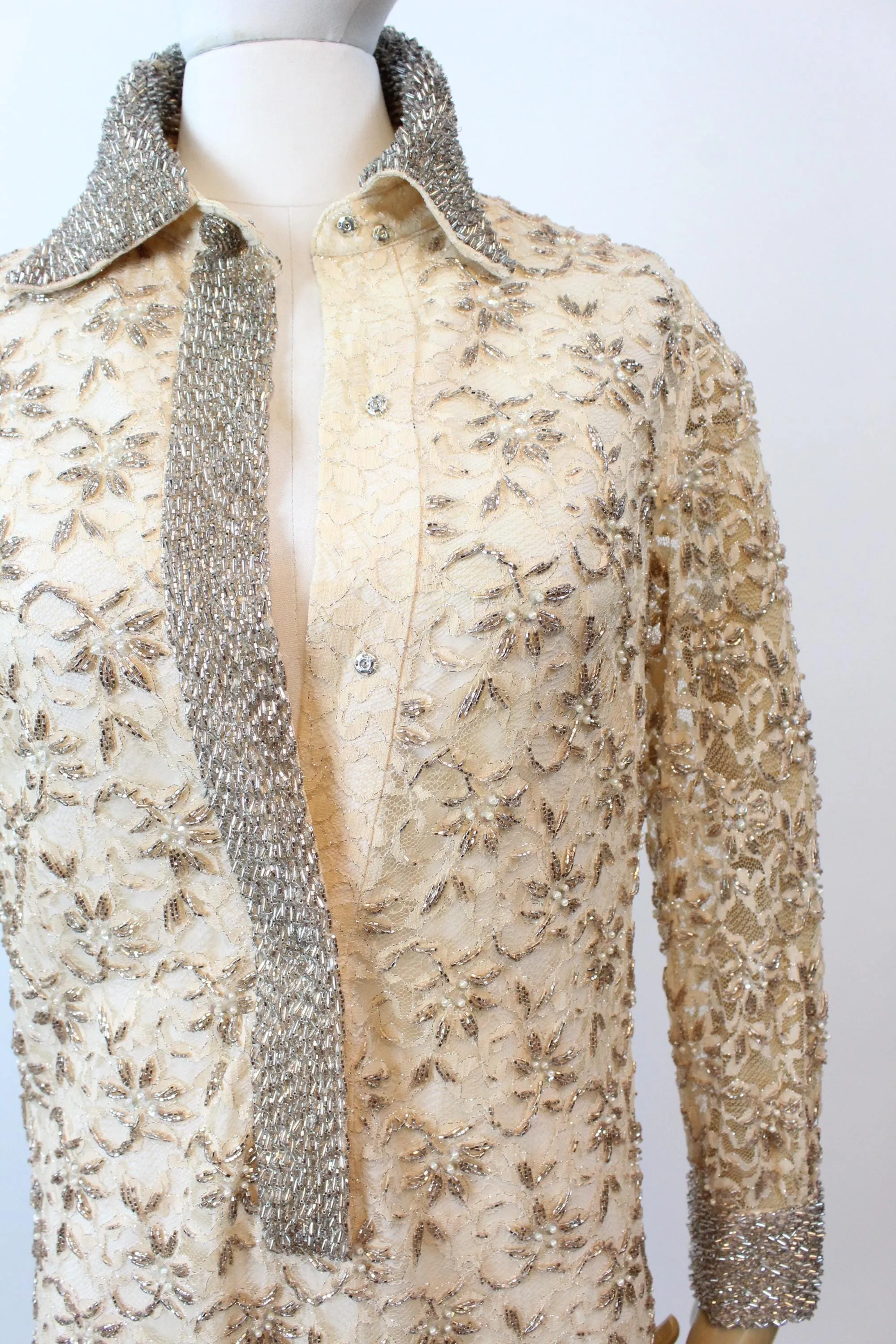 1960s VALENTINA beaded PEARL LACE shift dress xs | new fall winter