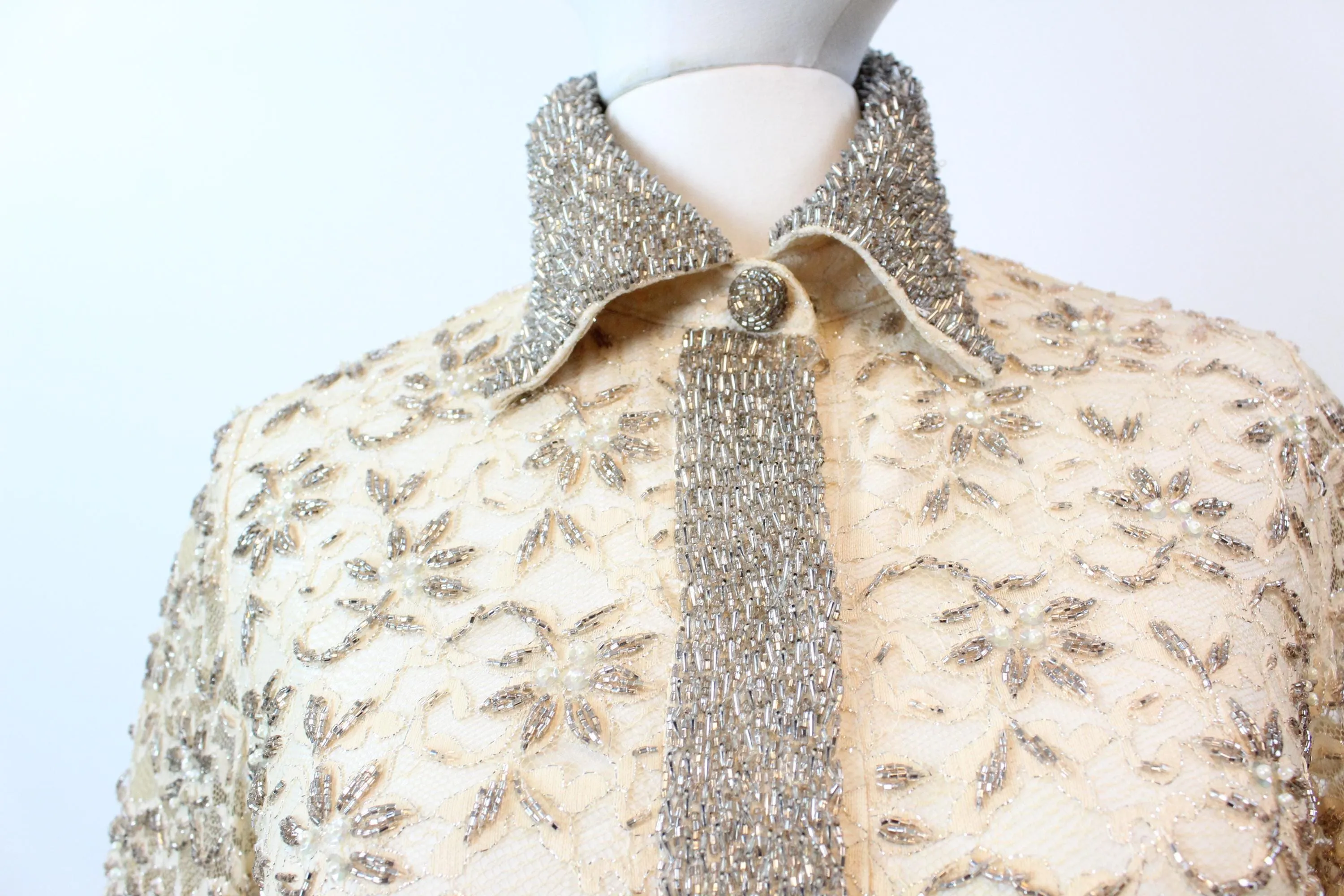 1960s VALENTINA beaded PEARL LACE shift dress xs | new fall winter