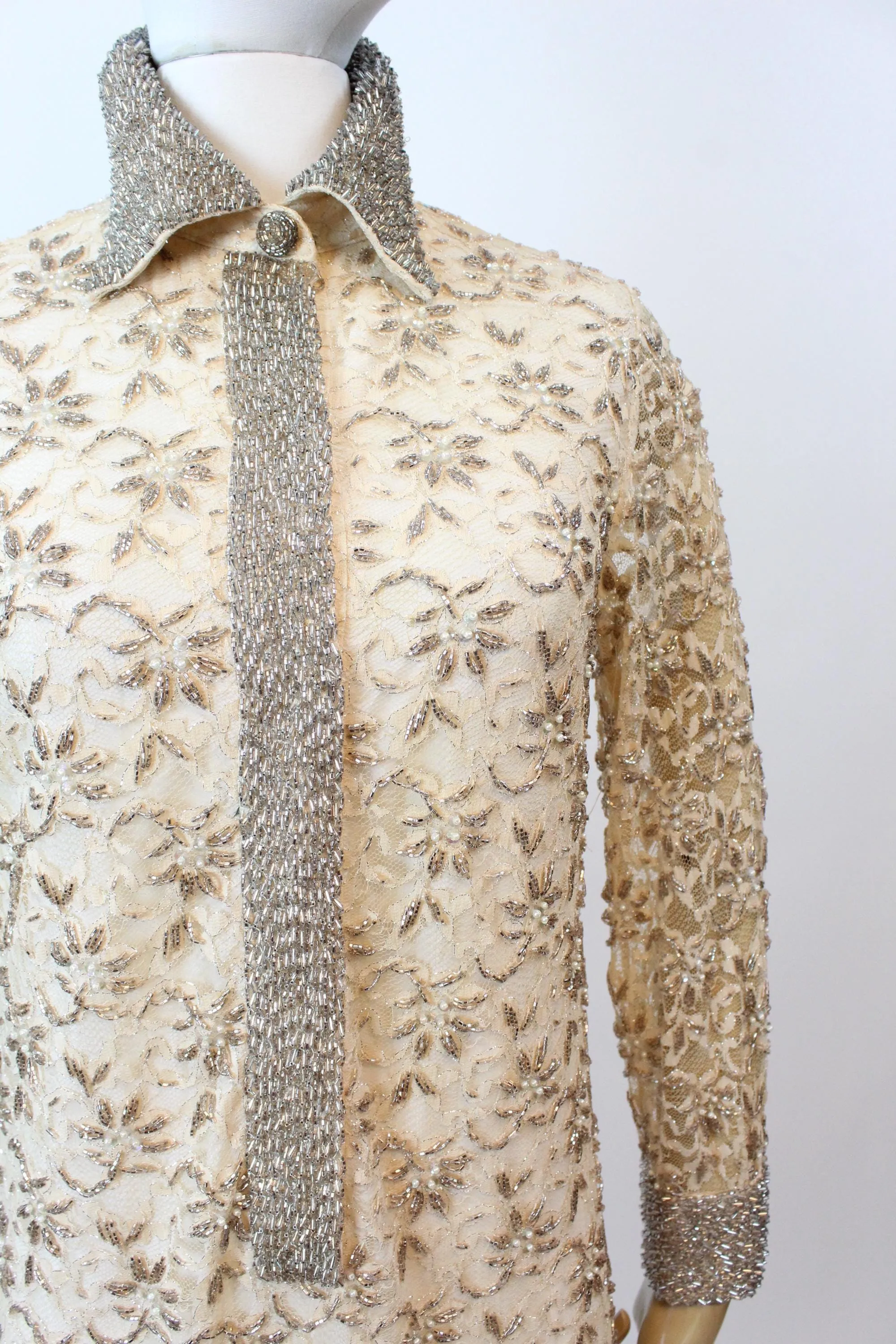 1960s VALENTINA beaded PEARL LACE shift dress xs | new fall winter