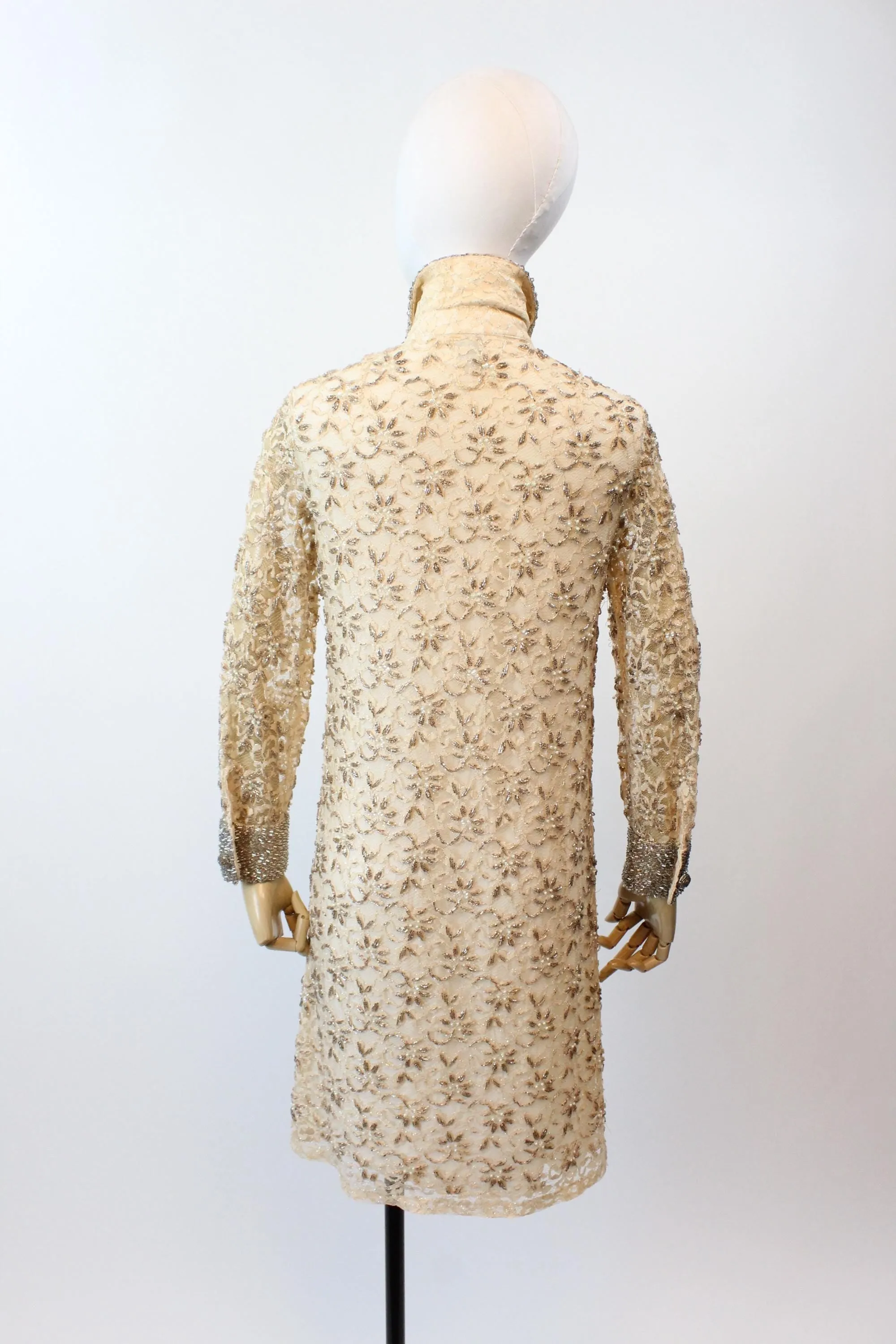 1960s VALENTINA beaded PEARL LACE shift dress xs | new fall winter