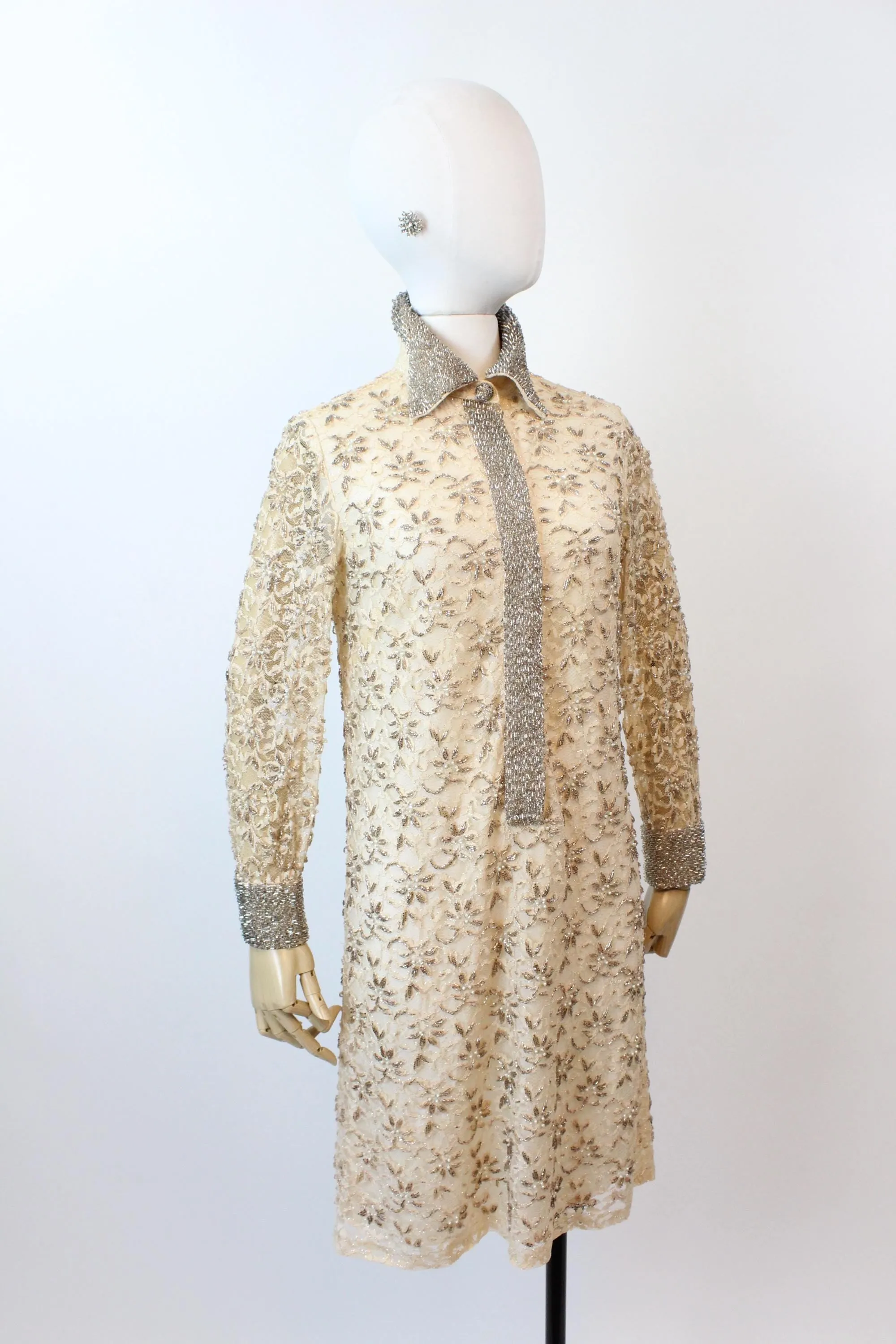 1960s VALENTINA beaded PEARL LACE shift dress xs | new fall winter