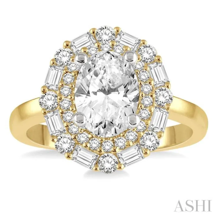 3/4 ctw Oval Shape Baguette and Round Cut Diamond Semi-Mount Engagement Ring in 14K Yellow and White Gold