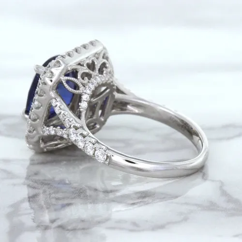 4.35ct Cushion Blue Sapphire Ring with Double Diamond Halo in 18K White Gold