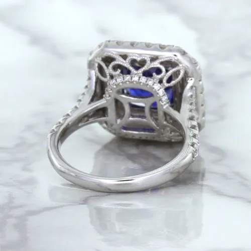 4.35ct Cushion Blue Sapphire Ring with Double Diamond Halo in 18K White Gold