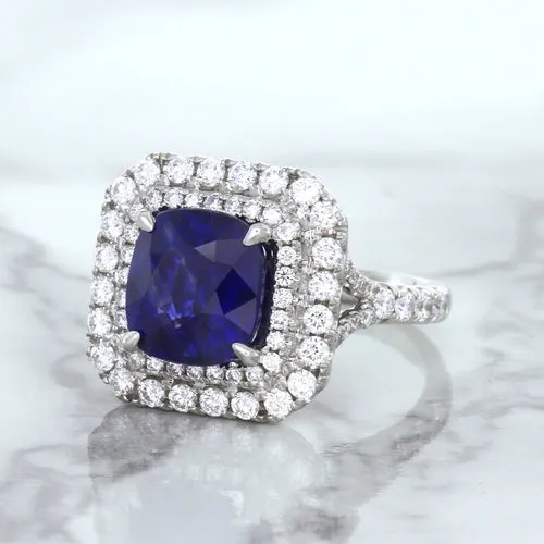 4.35ct Cushion Blue Sapphire Ring with Double Diamond Halo in 18K White Gold