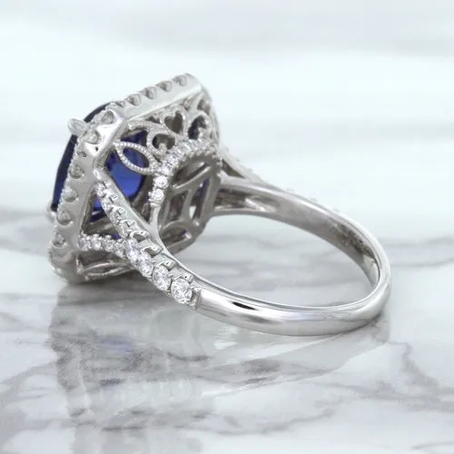 4.35ct Cushion Blue Sapphire Ring with Double Diamond Halo in 18K White Gold