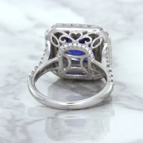 4.35ct Cushion Blue Sapphire Ring with Double Diamond Halo in 18K White Gold