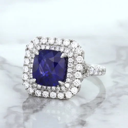 4.35ct Cushion Blue Sapphire Ring with Double Diamond Halo in 18K White Gold