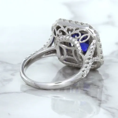 4.35ct Cushion Blue Sapphire Ring with Double Diamond Halo in 18K White Gold