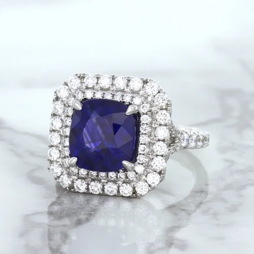 4.35ct Cushion Blue Sapphire Ring with Double Diamond Halo in 18K White Gold
