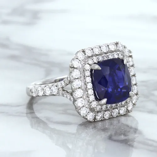 4.35ct Cushion Blue Sapphire Ring with Double Diamond Halo in 18K White Gold