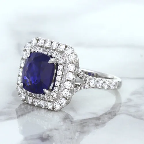 4.35ct Cushion Blue Sapphire Ring with Double Diamond Halo in 18K White Gold