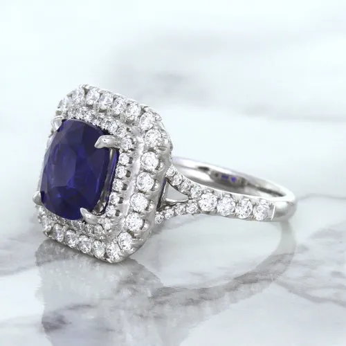 4.35ct Cushion Blue Sapphire Ring with Double Diamond Halo in 18K White Gold