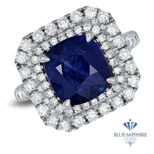 4.35ct Cushion Blue Sapphire Ring with Double Diamond Halo in 18K White Gold