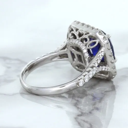 4.35ct Cushion Blue Sapphire Ring with Double Diamond Halo in 18K White Gold