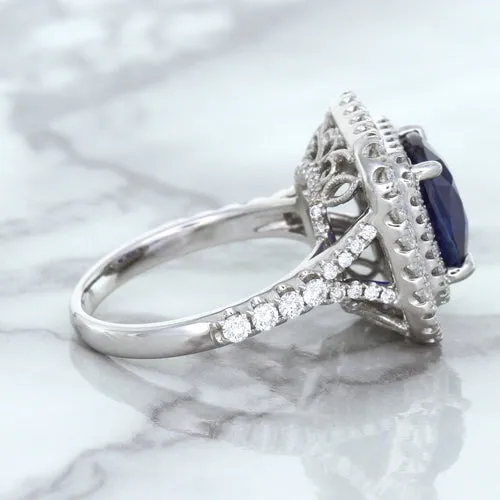 4.35ct Cushion Blue Sapphire Ring with Double Diamond Halo in 18K White Gold