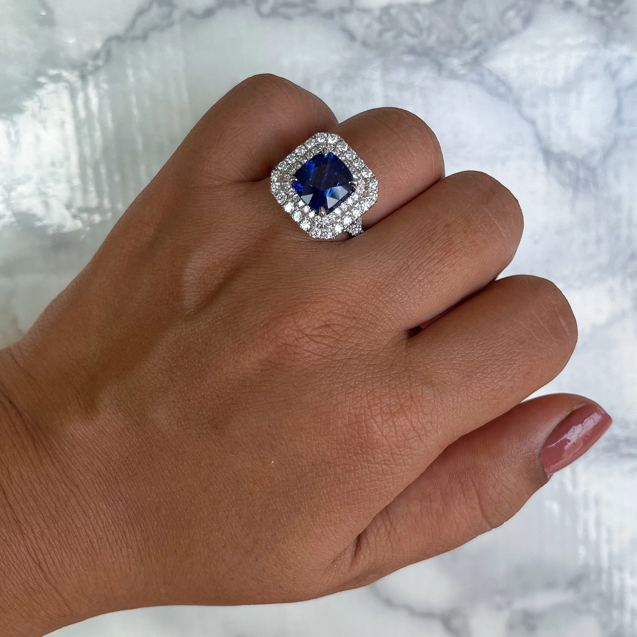 4.35ct Cushion Blue Sapphire Ring with Double Diamond Halo in 18K White Gold
