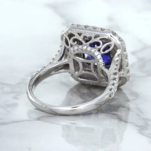 4.35ct Cushion Blue Sapphire Ring with Double Diamond Halo in 18K White Gold
