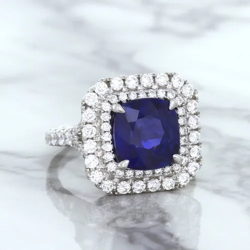 4.35ct Cushion Blue Sapphire Ring with Double Diamond Halo in 18K White Gold