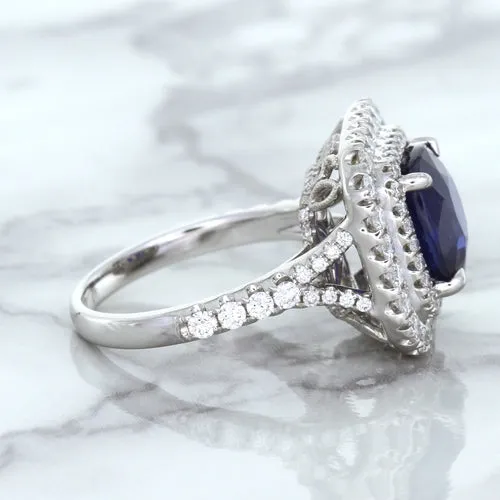 4.35ct Cushion Blue Sapphire Ring with Double Diamond Halo in 18K White Gold