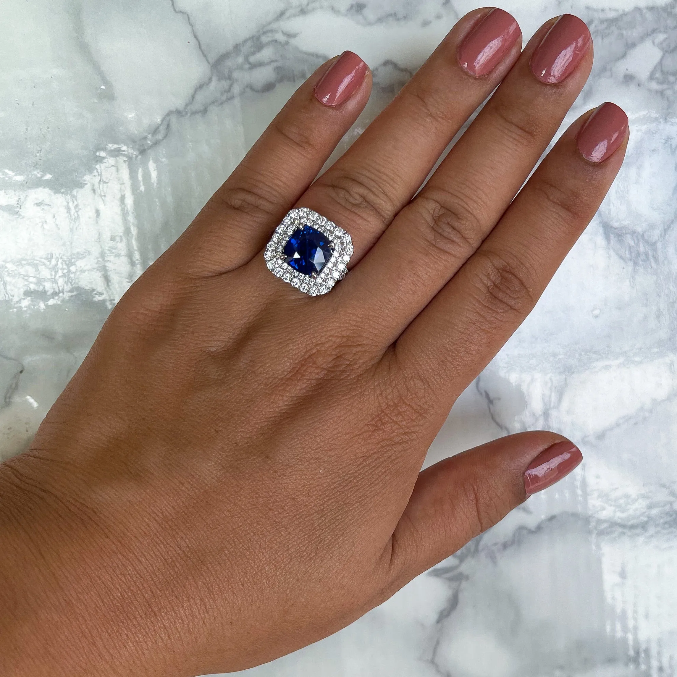 4.35ct Cushion Blue Sapphire Ring with Double Diamond Halo in 18K White Gold