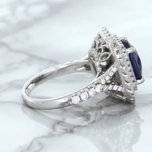 4.35ct Cushion Blue Sapphire Ring with Double Diamond Halo in 18K White Gold