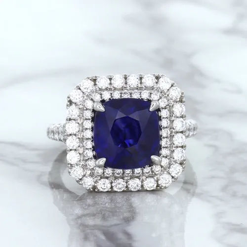 4.35ct Cushion Blue Sapphire Ring with Double Diamond Halo in 18K White Gold