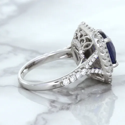 4.35ct Cushion Blue Sapphire Ring with Double Diamond Halo in 18K White Gold