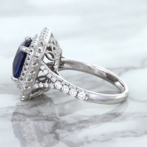 4.35ct Cushion Blue Sapphire Ring with Double Diamond Halo in 18K White Gold