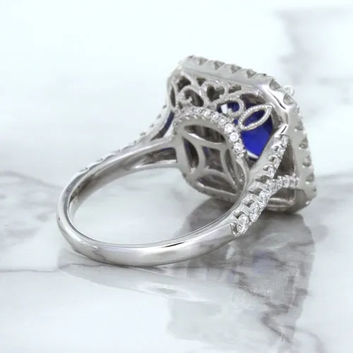 4.35ct Cushion Blue Sapphire Ring with Double Diamond Halo in 18K White Gold