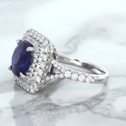 4.35ct Cushion Blue Sapphire Ring with Double Diamond Halo in 18K White Gold