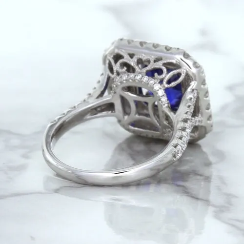 4.35ct Cushion Blue Sapphire Ring with Double Diamond Halo in 18K White Gold