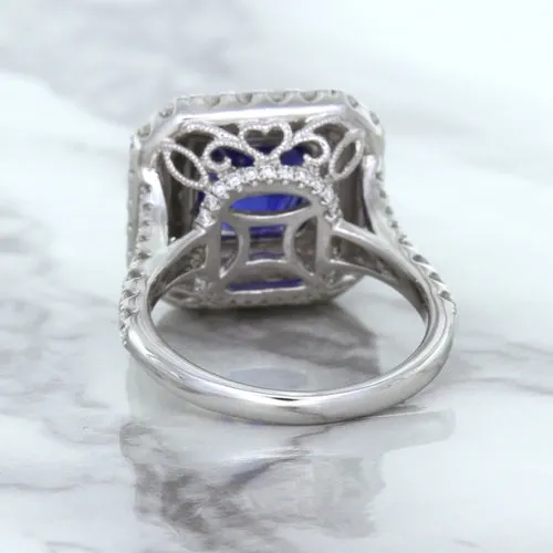 4.35ct Cushion Blue Sapphire Ring with Double Diamond Halo in 18K White Gold