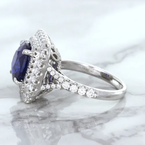 4.35ct Cushion Blue Sapphire Ring with Double Diamond Halo in 18K White Gold