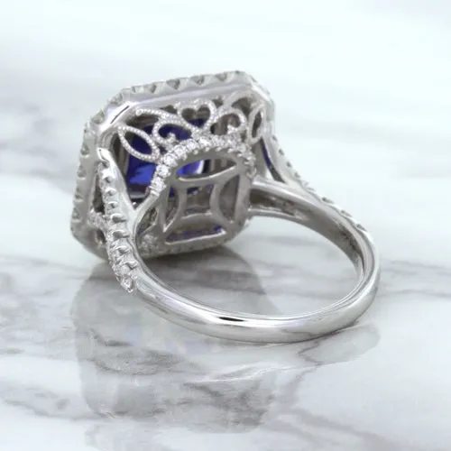 4.35ct Cushion Blue Sapphire Ring with Double Diamond Halo in 18K White Gold
