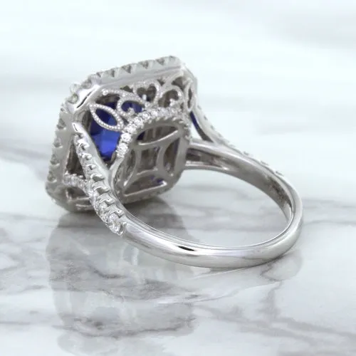 4.35ct Cushion Blue Sapphire Ring with Double Diamond Halo in 18K White Gold