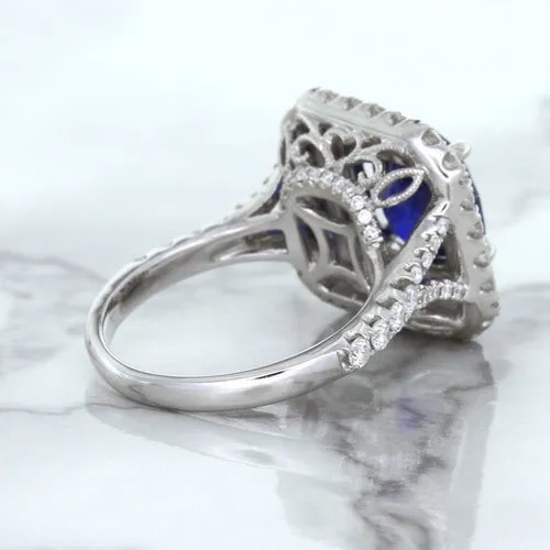 4.35ct Cushion Blue Sapphire Ring with Double Diamond Halo in 18K White Gold