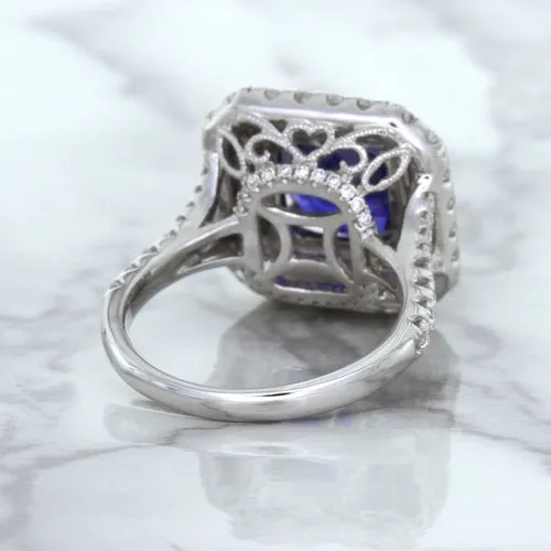 4.35ct Cushion Blue Sapphire Ring with Double Diamond Halo in 18K White Gold