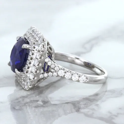 4.35ct Cushion Blue Sapphire Ring with Double Diamond Halo in 18K White Gold