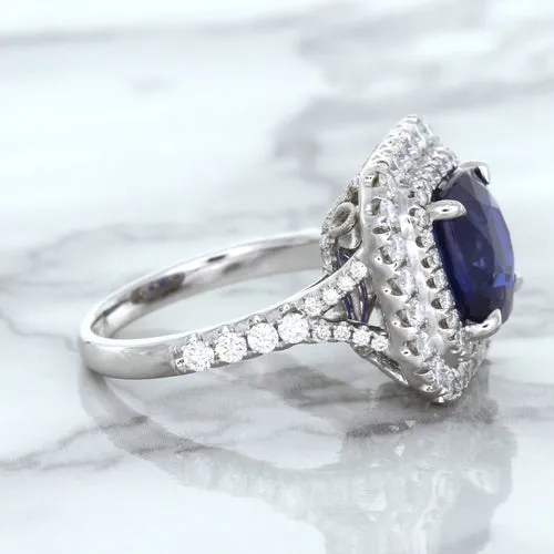 4.35ct Cushion Blue Sapphire Ring with Double Diamond Halo in 18K White Gold