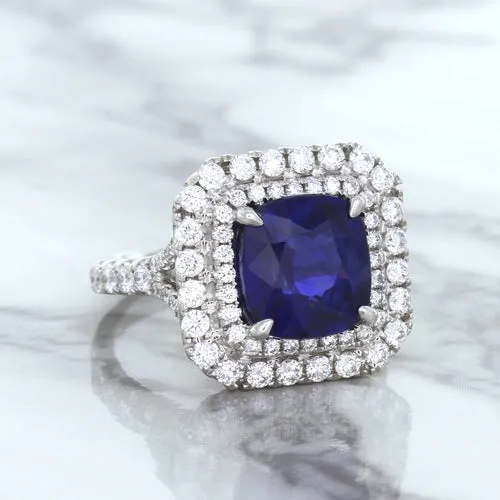 4.35ct Cushion Blue Sapphire Ring with Double Diamond Halo in 18K White Gold