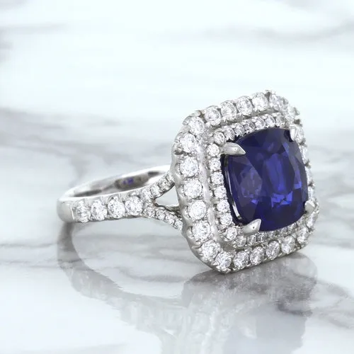 4.35ct Cushion Blue Sapphire Ring with Double Diamond Halo in 18K White Gold
