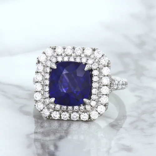 4.35ct Cushion Blue Sapphire Ring with Double Diamond Halo in 18K White Gold