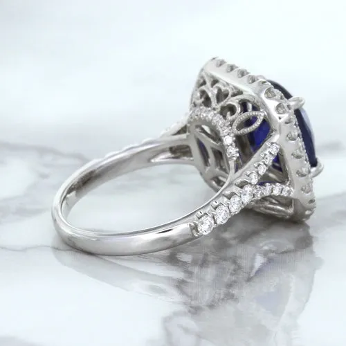 4.35ct Cushion Blue Sapphire Ring with Double Diamond Halo in 18K White Gold
