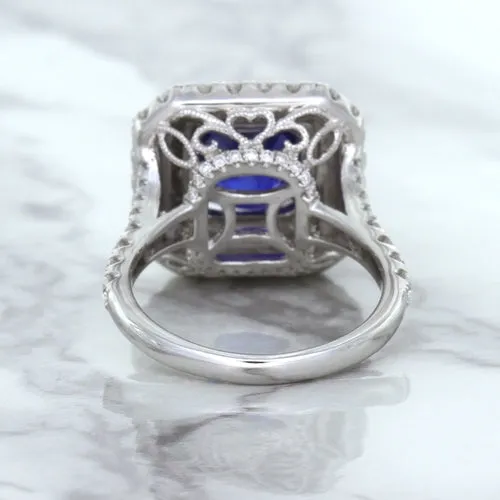 4.35ct Cushion Blue Sapphire Ring with Double Diamond Halo in 18K White Gold