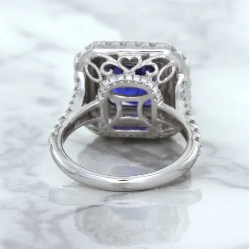 4.35ct Cushion Blue Sapphire Ring with Double Diamond Halo in 18K White Gold
