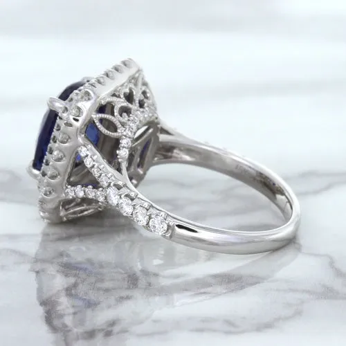 4.35ct Cushion Blue Sapphire Ring with Double Diamond Halo in 18K White Gold