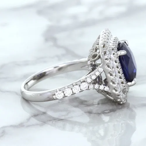 4.35ct Cushion Blue Sapphire Ring with Double Diamond Halo in 18K White Gold